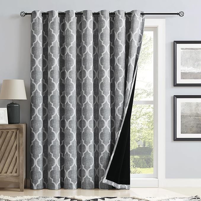 Beauoop 100% Blackout Curtains 84 Inches Long for Patio Sliding Door Grey Extra Wide Moroccan Geo Room Darkening Gray Thermal Soundproof Room Divider Grommet Window Treatment Drapes,100x84 Set of 1 - Image 2
