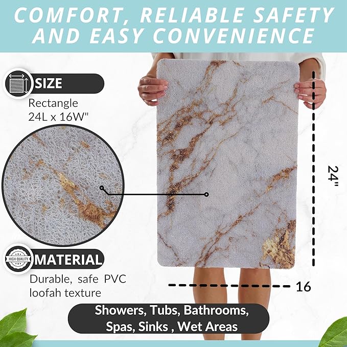 ENKOSI Loofah Non-Slip Shower and Bath Mat - Soft Cushioned Comfort - No Suction Cups for Smooth or Textured Tubs - Fast Draining - Safety for Bathroom, Family and Elderly (24x16 Marble Blue Gold) - Image 3