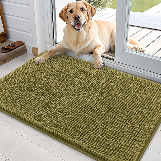 OLANLY Dog Door Mat for Muddy Paws 36x24, Absorbs Moisture and Dirt, Absorbent Non-Slip Washable Doormat, Quick Dry Chenille Mud Mat, Entry Indoor Entryway Carpet for Inside Floor, Willow Green by OLANLY