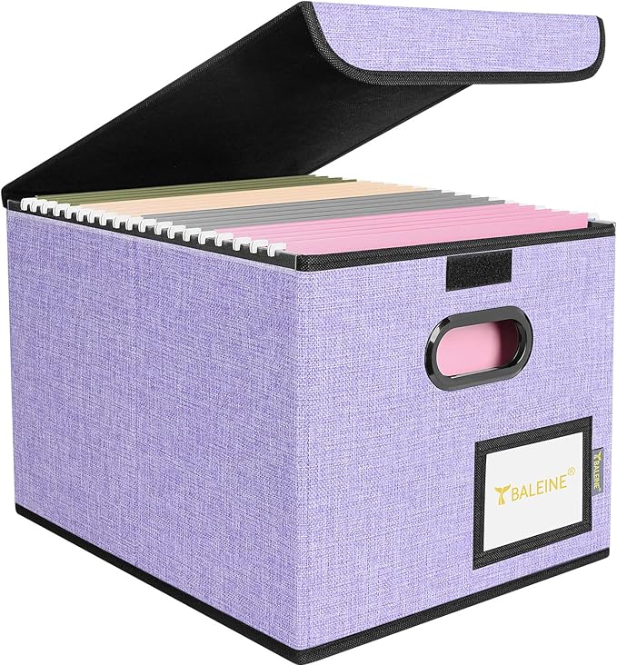 BALEINE File Organizer Box with Lid, Collapsible File Folder Organizer with Plastic Slide, Hanging File Folder Box for Office Document Storage (1 Pack, Purple) by BALEINE