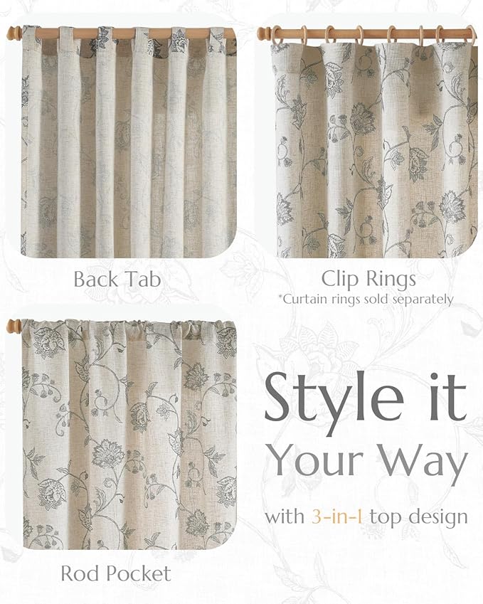 jinchan Linen Curtains Floral Curtains 63 Inch Length for Living Room Bedroom Light Filtering Rod Pocket Back Tab Jacobean Curtains Flax Linen Texture Window Drapes Set 2 Panels Dark Grey on Linen - Image 5
