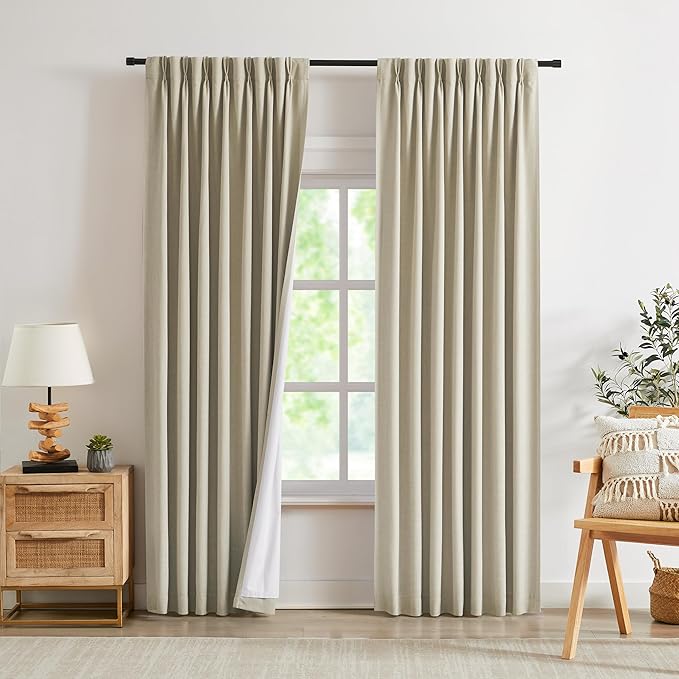 Kayne Studio Sand Pinch Pleated Full Blackout Curtains 112 Inch, Linen Blend Thermal Insulated Soundproof Room Darkening Back Tab Window Drapes with Hooks for Living Room Bedroom(2 Panels, 40"x112") - Image 7