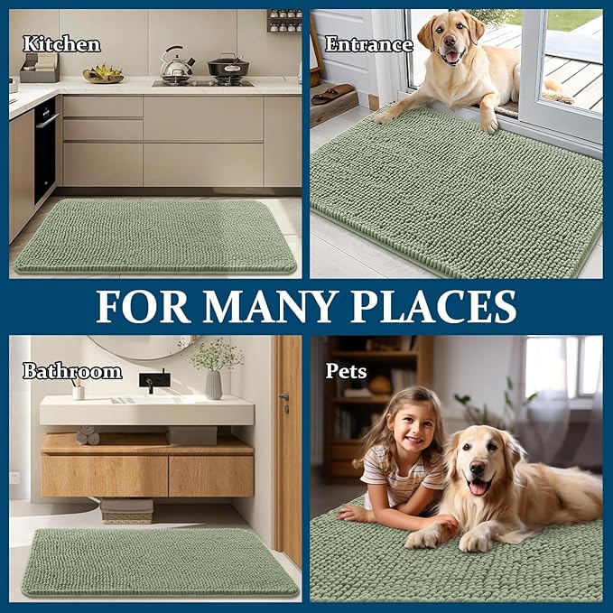 OLANLY Dog Door Mat for Muddy Paws 40x24, Absorbs Moisture and Dirt, Absorbent Non-Slip Washable Doormat, Quick Dry Chenille Mud Mat for Dogs, Entry Indoor Entryway Carpet for Inside Floor, Sage Green - Image 8
