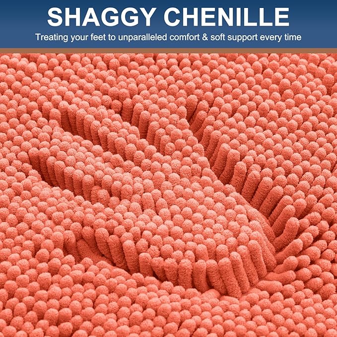 Smiry Luxury Chenille Bathroom Rugs 59x24, Extra Soft and Absorbent Shaggy Bath Mat, Machine Washable, Non-Slip Plush Carpet Runner for Tub, Shower, and Floor, Home Decor Accessories, Coral - Image 3