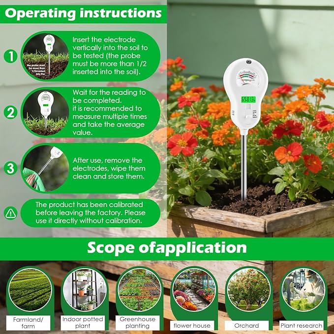 6-in-1 Soil Test Kit with 3 Replaceable Probes, Soil Tester for Gardening, Plant Water Meter, Soil pH Tester for Soil Fertilizer, Sunlight & LCD Display Air Temperature Humidity Sensor - Image 7