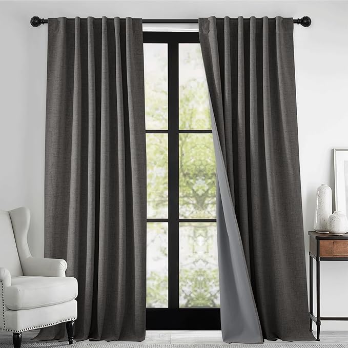 RYB HOME 100% Blackout Curtains Linen Textured 102 Inch Long, Insulating Energy Saving Window Curtains for Bedroom Living Room Dining Patio Sliding Glass Door, W52 x L102 inch, Grey, 2 Panels - Image 7