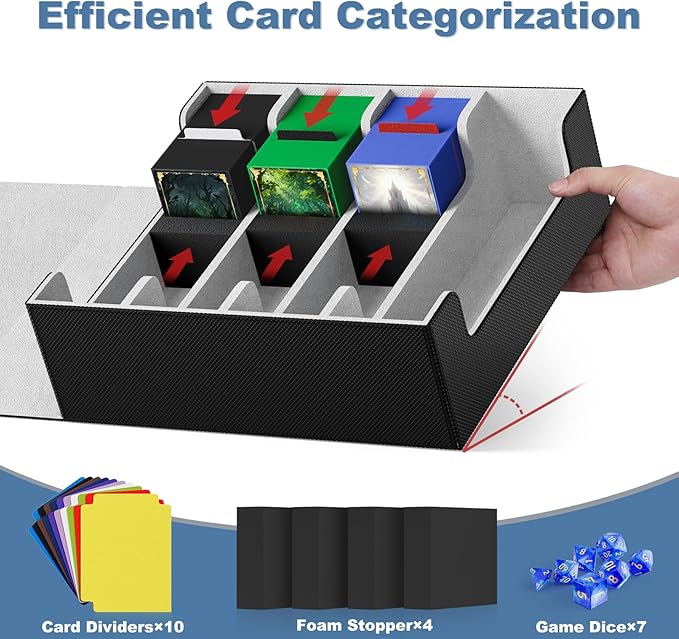 Mlikero Card Deck Case, 2400+ Trading Card Storage Box with 10 Colorful Dividers and 4 Foam Stoppers, Leather Magnetic Closure Commander Deck Box Fit for MTG, TCG (4 Rows, Black&Grey) - Image 3