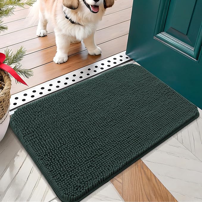 OLANLY Dog Door Mat for Muddy Paws 24x16, Absorbs Moisture and Dirt, Absorbent Non-Slip Washable Doormat, Quick Dry Chenille Mud Mat, Entry Indoor Entryway Carpet for Inside Floor, Blackish Green by OLANLY