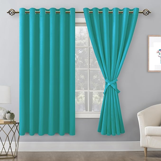 Hiasan Room Darkening Curtains for Bedroom, 70 x 63 Inches - Thermal Insulated & Energy Saving Window Drapes for Living Room/Dorm Room, Set of 2 Panels Sewn with Tiebacks, Peacock Teal - Image 2