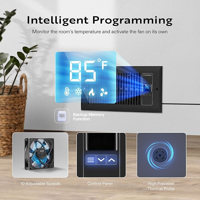 VIVOHOME Quiet Register Booster Fan with Opening 4'' x 10'' with Intelligent Thermostat 10-Speed Control, 11.8" x 5.5" Vent Cover, Smart Register Vent for Room Floor Wall, Black - Image 6