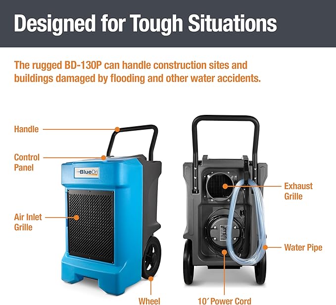 BlueDri BD-BD-130-BL Industrial Commercial Dehumidifier with Hose for Basements in Homes and Job Sites, Blue - Image 4