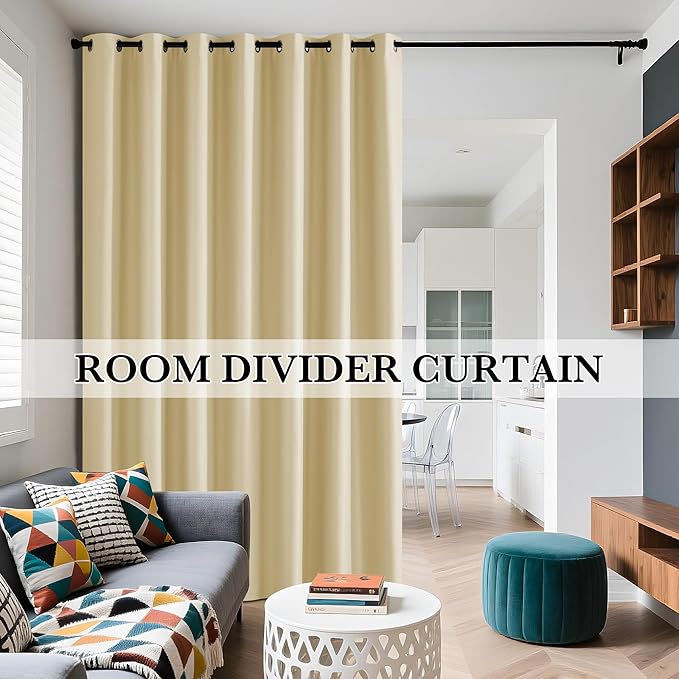 RYB HOME 100% Blackout Room Divider Curtains for Sliding Glass Door, Extra Wide Thermal Insulated Privacy Curtains for Bedroom/Patio Door/Living Room/Open Closet, Beige, W100 x L84, 1 Panel - Image 9