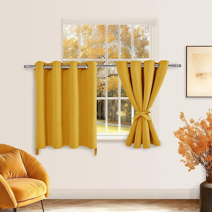 Hiasan RV Blackout Curtains for Bedroom, 52 x 36 Inches Long - Thermal Insulated & Light Blocking Window Curtains for Living Room, 2 Drape Panels Sewn with Tiebacks, Mustard Yellow - Image 2