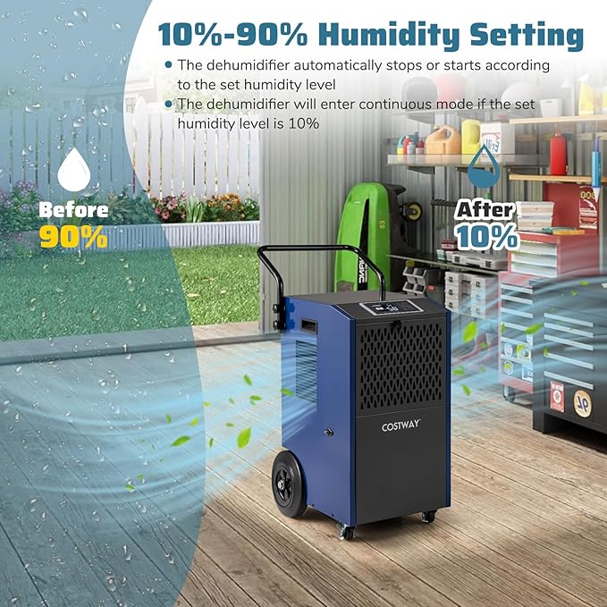 COSTWAY 154 Pints Commercial Dehumidifier with Pump, Portable Industrial Heavy Duty Large Dehumidifier with Drain Hoses for Basements, Job Sites (Navy) - Image 2
