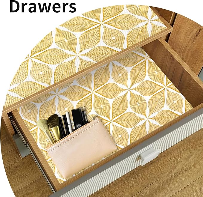 Shelf Liners for Kitchen Cabinets 12in x 20FT, Non Adhesive Cabinet Liner Strong Non-Slip Golden Leaf Drawer Liner, Easy to Clean for Shelf, Cabinet with Knife and Tape Measure - Image 9