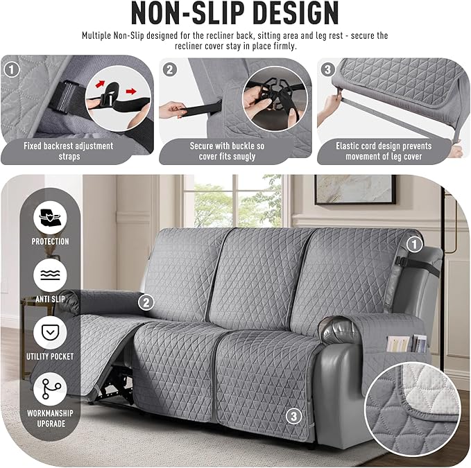 TAOCOCO 100% Waterproof Recliner Cover, Non-Slip Washable Reclining Couch Cover with Elastic Leg Straps, Furniture Protector for Dogs (Light Gray, 3 Seater) - Image 5