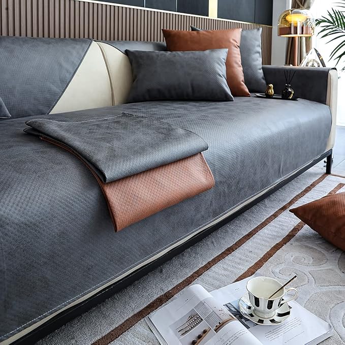 Faux Leather Waterproof Couch Sofa Cover Vintage PU Sectional Couch Cover Non Slip Sofa Slipcover Furniture Protector for Kids Dogs Cats (Gray,43"x82") - Image 4