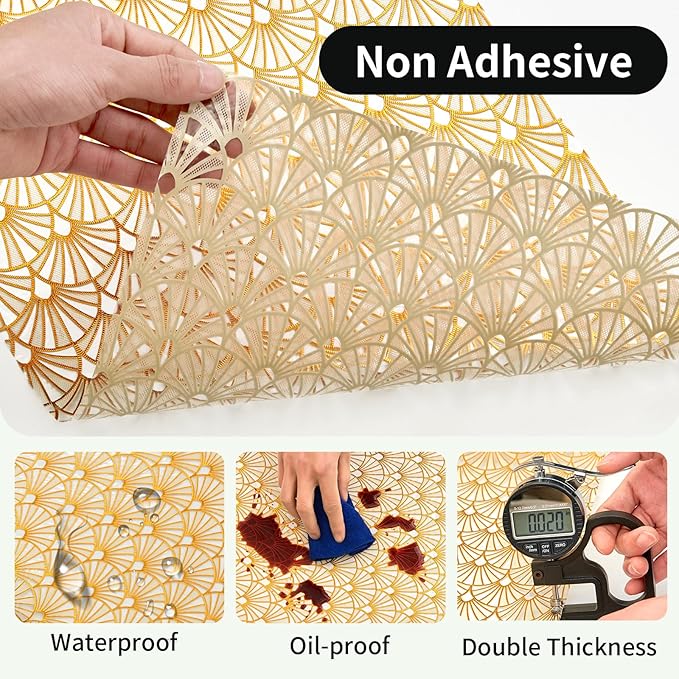 Shelf and Drawer Liner for Kitchen Cabinet,Non-Adhesive Waterproof Oil-Proof Easy Clean Shelf Liner for Dresser & Bathroom Vanities with Adhesive Dots & Cutting Tool(12 in X 20 Ft Gold Fish Scale) - Image 3
