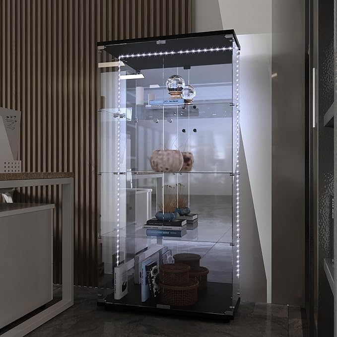 Yoluckea 4 Tiers Glass Display Cabinet with Bluetooth LED Light Strip, 2 Doors Floor Standing Curio Cabinet with Adjustable Feet and Mirror Back Panel, Black Glass Bookshelf for Collections, Wood Top - Image 5