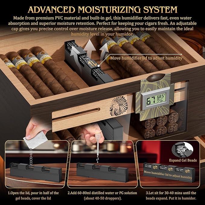 TISFA Cigar Humidor Cedar Wood Cigar Box with 2 Digital Hygrometer, 2 Humidifiers, Cedar Tray, Divider, Accessory Drawer, Glass Top Large Desktop Humidors and Acrylic Travel Cigar Tube Gifts Set - Image 8