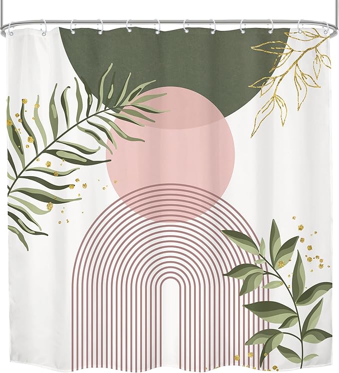 Green Pink Boho Shower Curtain 72Wx72H Modern Bohemian Abstract Sage Green Gold Leaves Plant Botanical Minimalist Bathroom Decor Geometric Neutral Bath Curtain Fabric Polyester 12 Pack Hook - Image 6