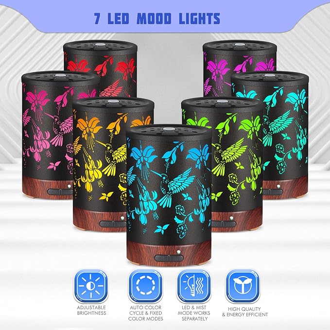 Metal Essential Oils Diffuser 150ML Christmas Aromatherapy Diffuser Cool Mist Humidifier with 7 Colors Lights Waterless Auto Off Air Diffusers as Gifts for Mom (B-Hummingbird) - Image 2