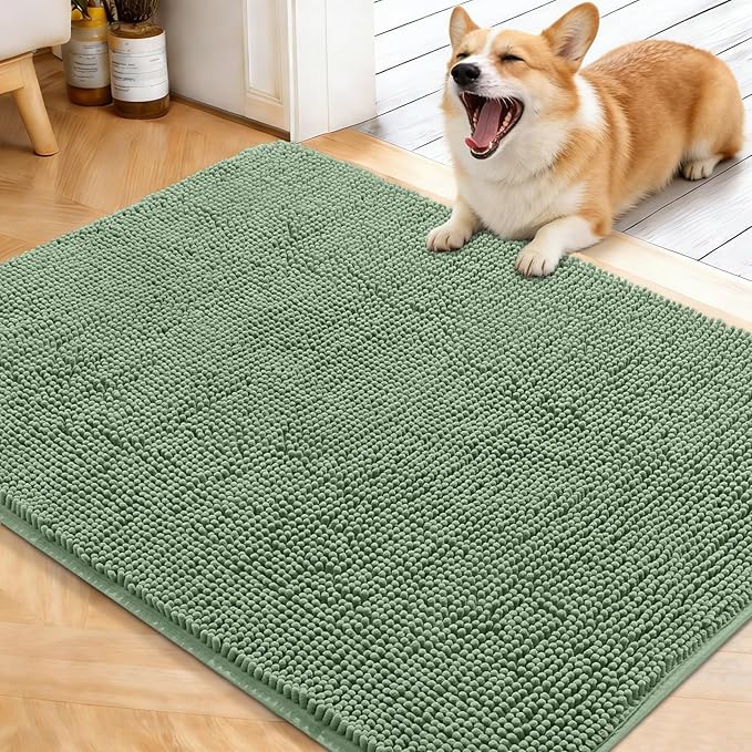 OLANLY Dog Door Mat for Muddy Paws 40x32, Absorbs Moisture and Dirt, Absorbent Non-Slip Washable Doormat, Quick Dry Chenille Mud Mat, Entry Indoor Entryway Carpet for Inside Floor, Olive Green by OLANLY