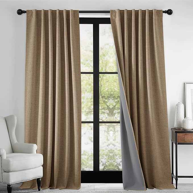 RYB HOME 100% Blackout Linen Textured Curtains for Bedroom, Farmhouse Thermal Insulated Window Curtains for Living Room Dining Patio Sliding Glass Door, Wide 52 x Long 102 inch, Burlap, 2 Panels - Image 8