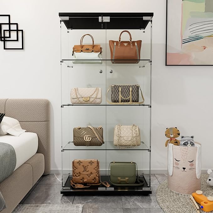 Yoluckea 4 Shelves Glass Display Cabinet with 2 Doors, Curio Collection Glass Display Case for Home Office, Floor Standing Bookshelf Corner Cabinet for Book, Toys, Glory (Black) - Image 3