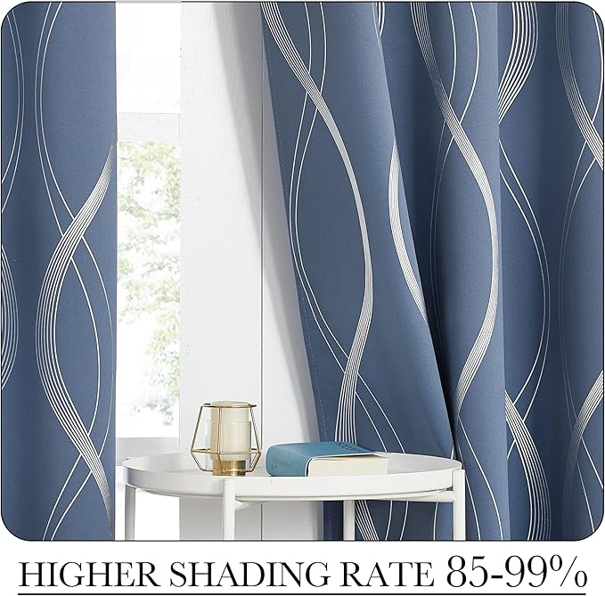 NICETOWN Stone Blue Blackout Curtains 90" Length 2 Panels Set for Living Room and Bedroom, 52" Wide, Foil Printed Wave Lines Energy Saving Thermal Insulated Draperies for Patio Hall Studio - Image 4
