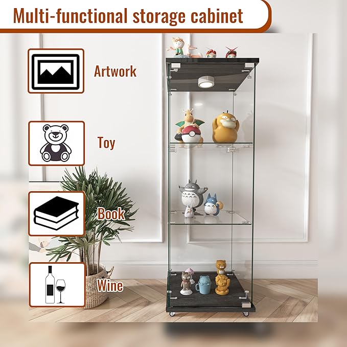 Yoluckea 3-Shelf Glass Display Cabinet with LED Lights, 1-Door Floor Standing Curio Cabinet with Universal Wheel for Home or Office, Black Glass Bookshelf for Collections, Decor, and Corner Display - Image 4