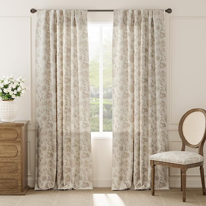 jinchan Linen Floral Curtains for Living Room with Printed Flower 96 Inches Long Light Filtering French Country Back Tab Rod Pocket Taupe Window Curtain Set Farmhouse Drapes 2 Panels Taupe - Image 2
