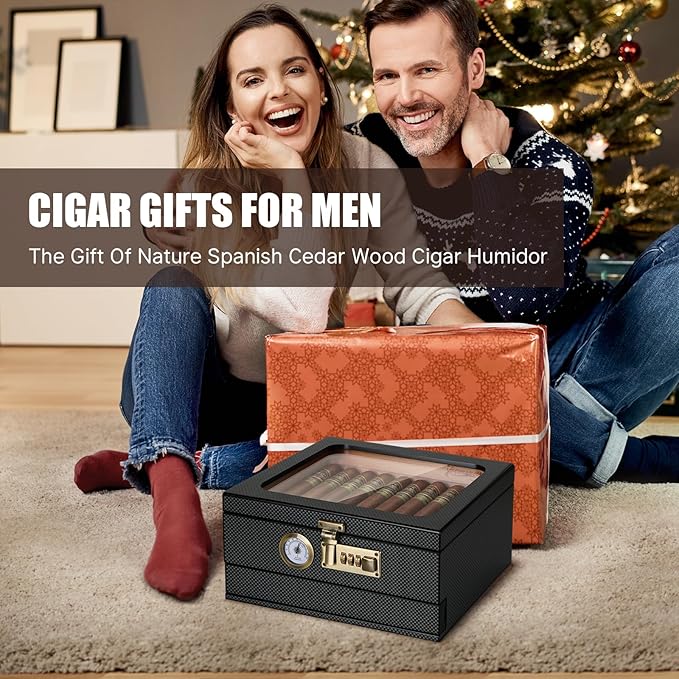Cigar Humidor, Cedar Wood Humidor Cigar Box, Glass Top Desktop Humidor with Front Hygrometer, Humidifier, Divider, Accessories Drawer and Combination Lock, Cigar Gifts for Men (Carbon Black) - Image 8