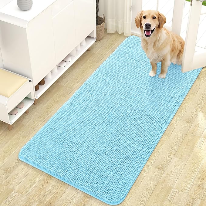 OLANLY Dog Door Mat for Muddy Paws 47x24, Absorbs Moisture and Dirt, Absorbent Non-Slip Washable Doormat, Quick Dry Chenille Mud Mat for Dogs, Entry Indoor Entryway Carpet for Inside Floor, Blue by OLANLY