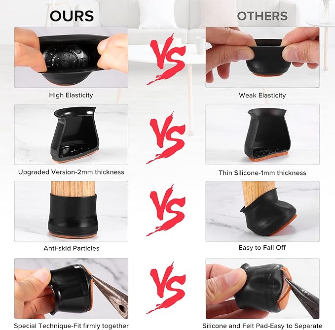 24PCS Upgraded Silicone Chair Leg Floor Protectors for Hardwood Floors, Furniture Sliders for Chair Legs, Felt Bottom Furniture Pads, Anti-Slip Round&Square Cap Covers to Scratch and Reduce Noise - Image 3