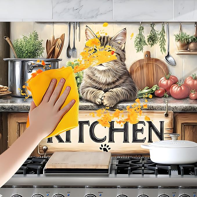 NYZE Kitchen Backsplash Stickers Waterproof Stove Backsplash Protector, 30 X 16 inch Removable Kitchen Wallpaper with Wall Art Decor for Stove Cooking Area(Kitchen Cat) - Image 6