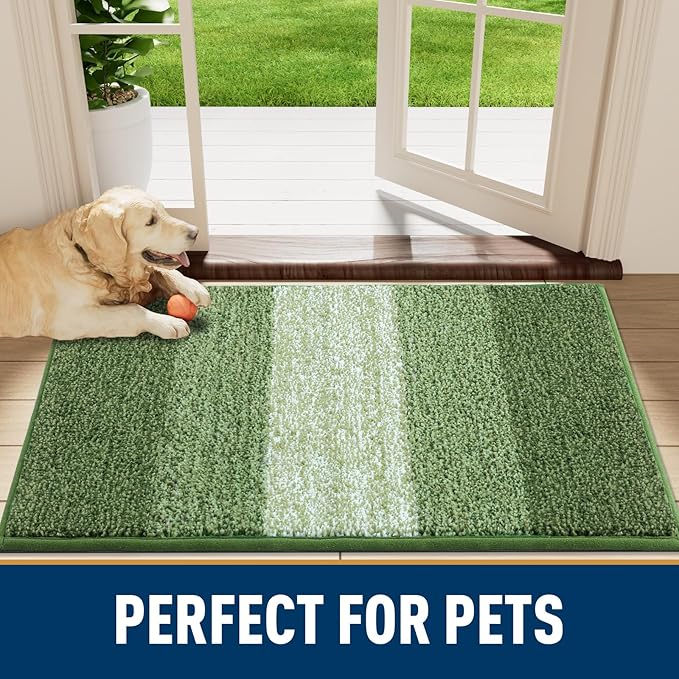 Smiry Dog Door Mat for Muddy Paws, Absorbs Moisture and Dirt, Low-Profile Entryway Mat with Non-Slip Backing, Entry Indoor Outdoor Doormat for Inside Floor (30x20 Inches, Green, Striped) - Image 7