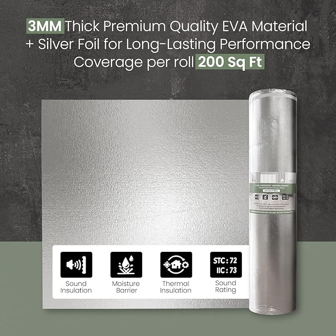 3-in-1 Acoustic Premium Floor Underlayment - 200 sqft Roll - 3mm Thick EVA with Silver Foil Vapor Barrier - Moisture Barrier, Thermal Insulation, Sound Insulation (Green Protect) - Image 2