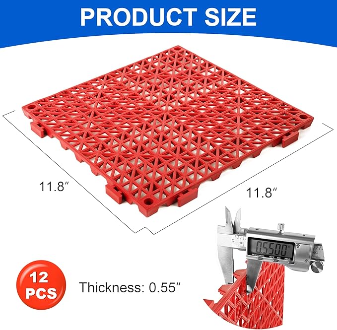 MYFAMIREA Modular Interlocking Cushion 12 Pack 11.8" x 11.8" Rubber Floor Tiles Non-Slip Splicing Drainage Mats for Deck, Pool, Outdoor Shower, Patio, Balcony, Indoor Bathroom, Kitchen, Yard (Red) - Image 2