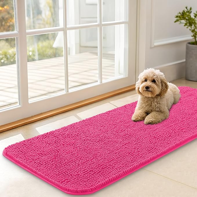 OLANLY Dog Door Mat for Muddy Paws 47x17, Absorbs Moisture and Dirt, Absorbent Non-Slip Washable Doormat, Quick Dry Chenille Mud Mat for Dogs, Entry Indoor Entryway Carpet for Inside Floor, Hot Pink by OLANLY