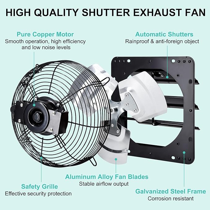 12 Inch Wall Mounted Shutter Exhaust Fan with Thermostat and Speed Controller for Attic, Greenhouse, Shed, Garage, Chicken Coop, Shop, Barn Ventilation, 970 CFM Louvered Vent Fan, Black - Image 8