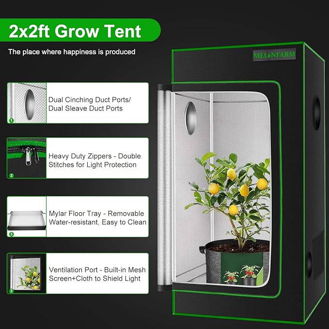 MELONFARM 2x2 Grow Tent, 24"x24"x36'' High Reflective 600D Diamond Mylar Canvas with Observation Window and Floor Tray for Hydroponic Indoor Plant Growing - Image 2