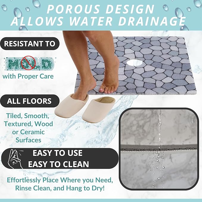 Shower Mat with Center Drain Hole - Secure Loofah Non Slip Shower Mats for Inside Shower - 27x27 Square Bath Mats for Shower - Anti Slip Shower Stall Mat - Square Shower Floor Mat (27x27 Pebble Blue) - Image 4