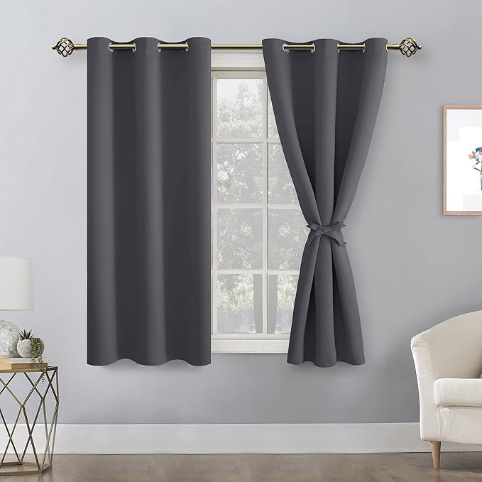 Hiasan Blackout Curtains for Bedroom - Thermal Insulated & Light Blocking Window Curtains for Living Room, 2 Drape Panels Sewn with Tiebacks, Dark Grey, 42 x 54 Inch - Image 2