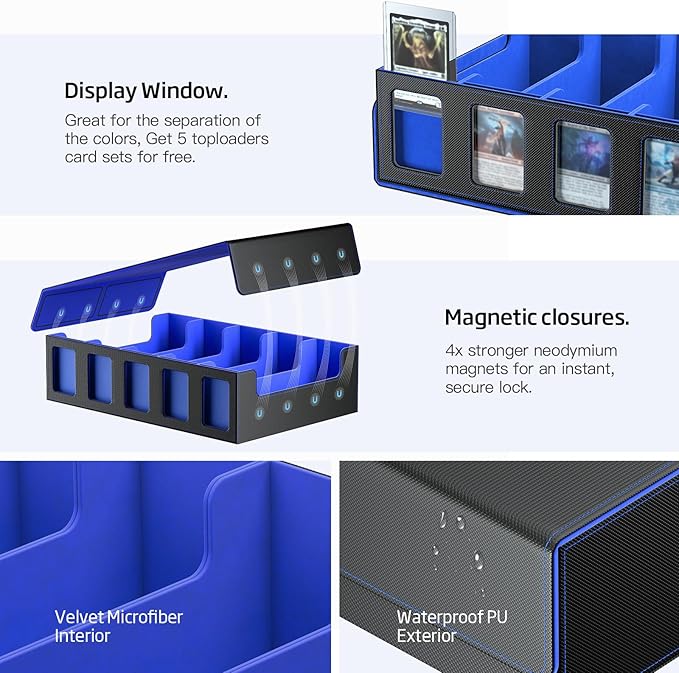 Trading Card Storage Box 5-Row 3900+ Capacity,TCG MTG Card Case with Magnetic Lid & Commander Display,Top Loader Storage for Sports Cards,Includes Dividers Dice Box（Black＆Blue） - Image 5