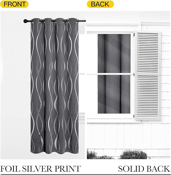 NICETOWN Blackout Curtains for Bedroom, 1 Pair, 52 inches by 90 inches, Grey, Foil Printed Wave Lines Energy Saving Thermal Insulated Solid Grommet Blackout Draperies for Patio Hall Studio - Image 6