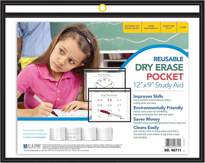 C-Line Reusable Dry Erase Pockets, Horizontal - Open on Long Side, 9 x 12 Inches, 30 per Box, Black (40711-30) - Image 3