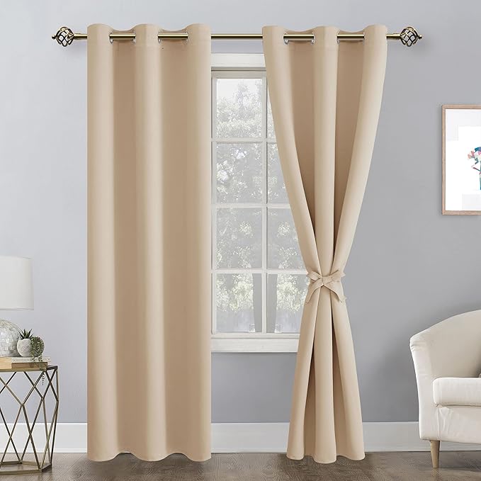 Hiasan Blackout Curtains for Bedroom, 42 x 84 Inches Long - Thermal Insulated & Energy Saving Window Curtains for Living Room, 2 Drape Panels Sewn with Tiebacks, Beige - Image 2