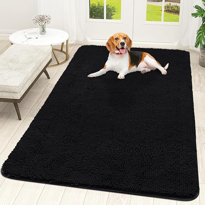 OLANLY Dog Door Mat for Muddy Paws 59x35, Absorbs Moisture and Dirt, Absorbent Non-Slip Washable Doormat, Quick Dry Chenille Mud Mat for Dogs, Entry Indoor Entryway Carpet for Inside Floor, Black by OLANLY