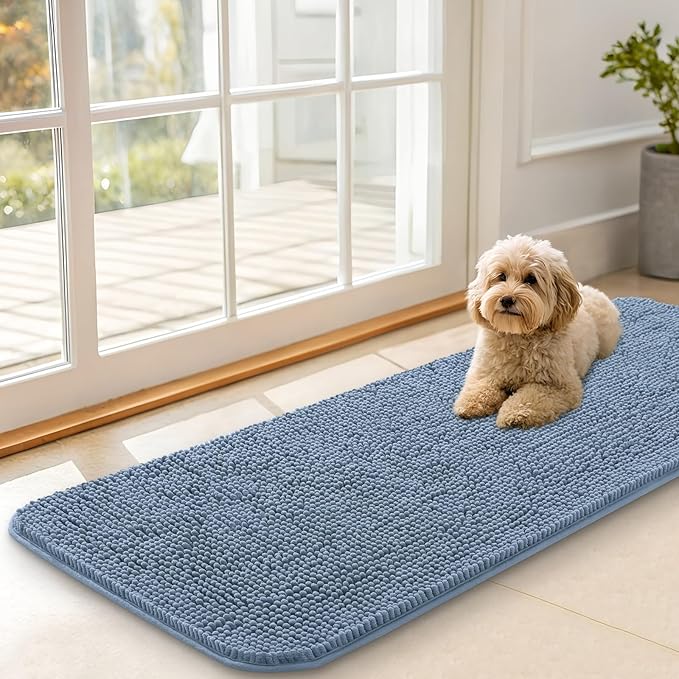 OLANLY Dog Door Mat for Muddy Paws 47x17, Absorbs Moisture and Dirt, Absorbent Non-Slip Washable Doormat, Quick Dry Chenille Mud Mat for Dogs, Entry Indoor Entryway Carpet for Inside Floor, Airy Blue by OLANLY